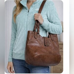 Sam & Hadley Brown Vegan Leather Boho Shoulder Bag Tote Purse